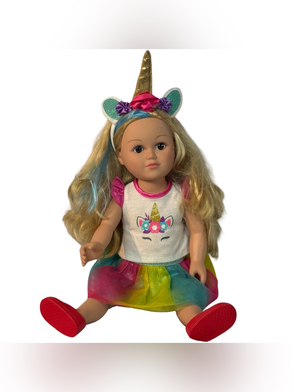My Life As 18" Poseable Unicorn Trainer Doll Blonde Blue Streak Rainbow Outfit